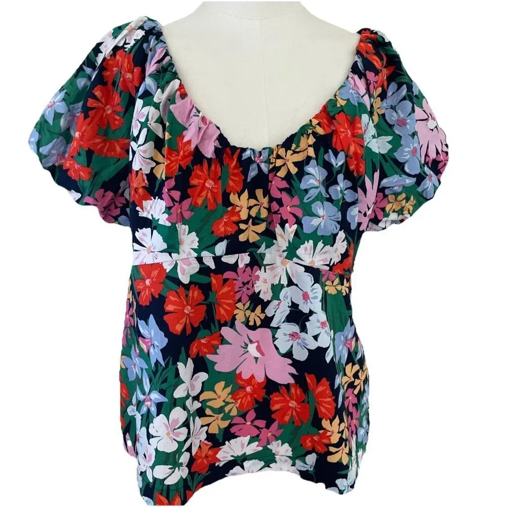 Old Navy Puff-Sleeve Smocked Swing Blouse Size XL Blue Floral Cottagecore NWT